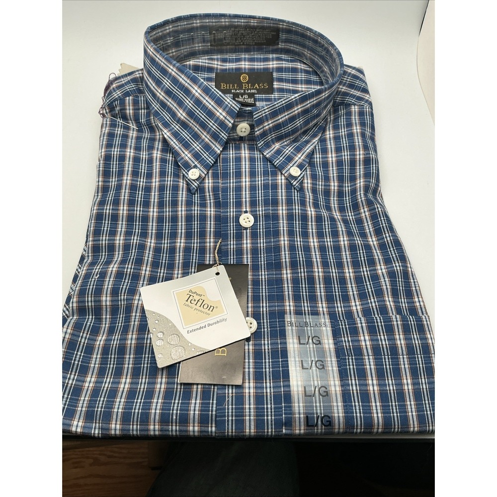 Bill Blass Black Label Short Sleeve Button Down Blue Bottle Plaid Men's Shirt- L